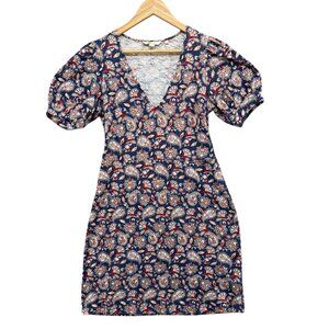Boden Paisley Mini Dress Blue Multicolor Short Puff Sleeve Cotton V Neck Sz 8 L